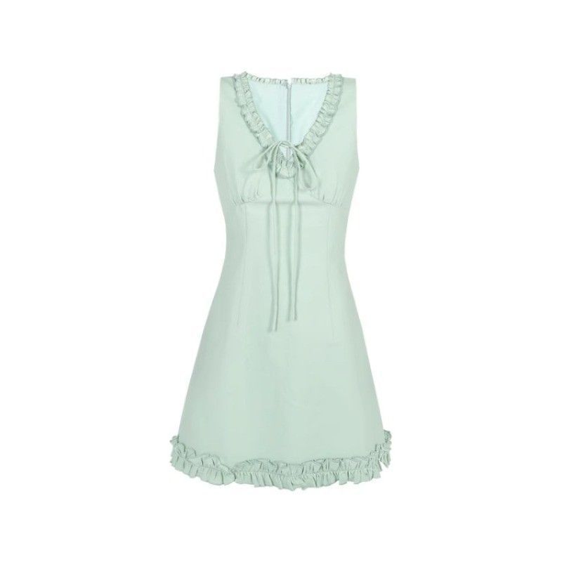 Trim Mini V-neck Ruffle Dress Sleeveless