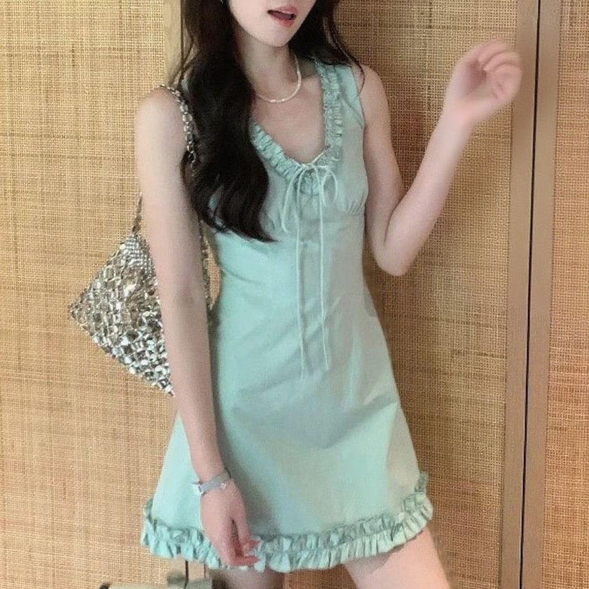 Trim Mini V-neck Ruffle Dress Sleeveless