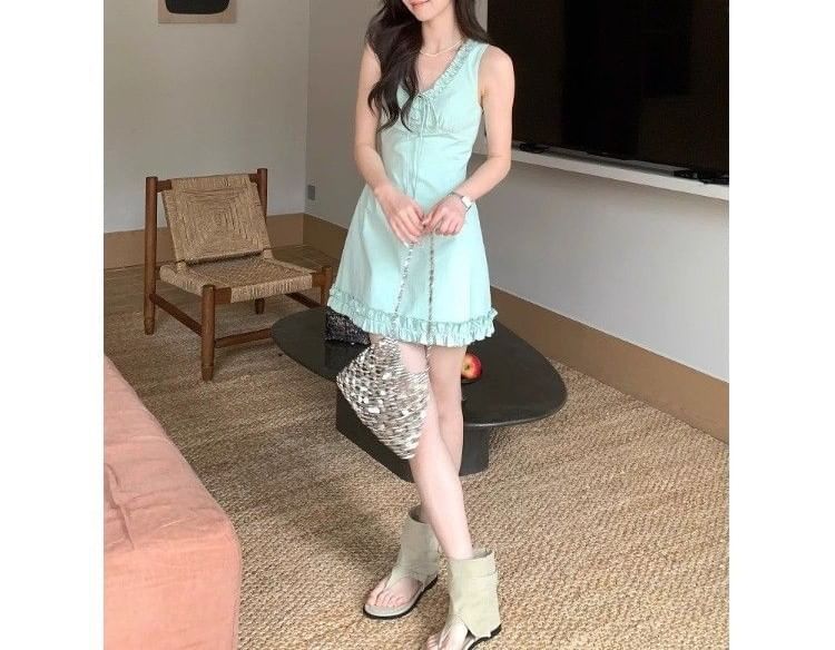 Trim Mini V-neck Ruffle Dress Sleeveless