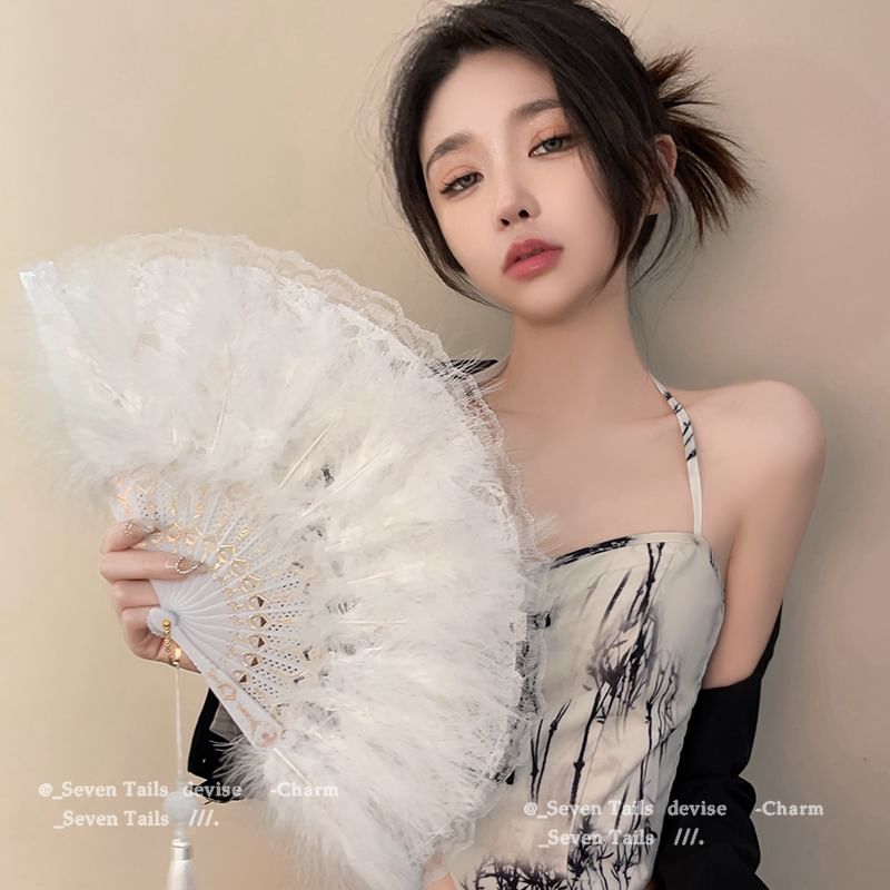 Feather Lace Tassel Foldable Fan Hand