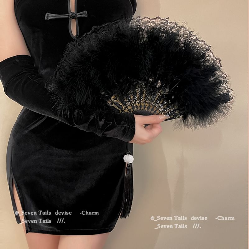 Feather Lace Tassel Foldable Fan Hand