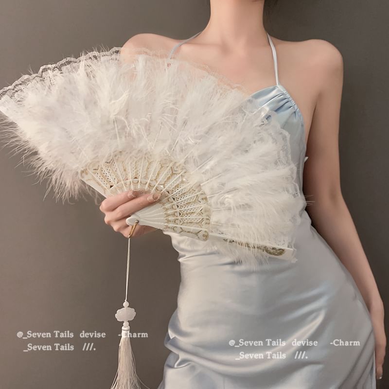 Feather Lace Tassel Foldable Fan Hand