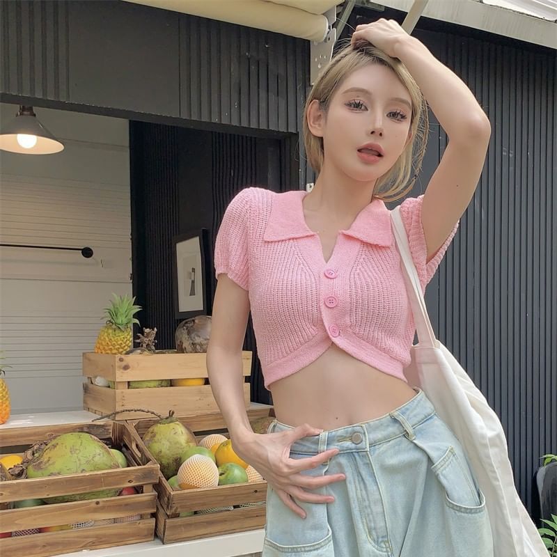 Knit Top Plain Collared Short-Sleeve Crop