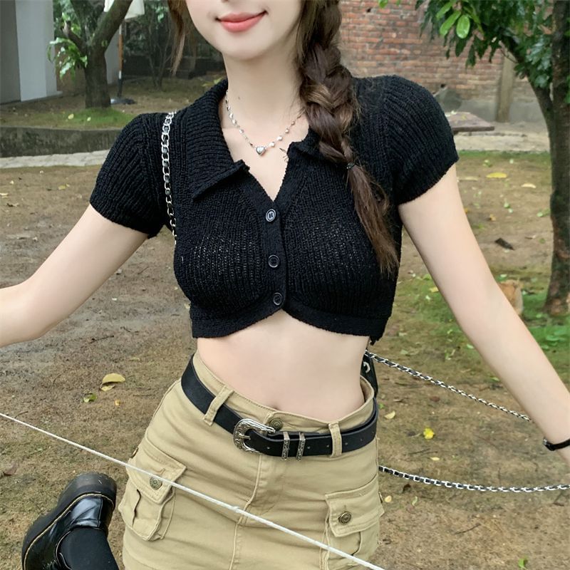 Knit Top Plain Collared Short-Sleeve Crop