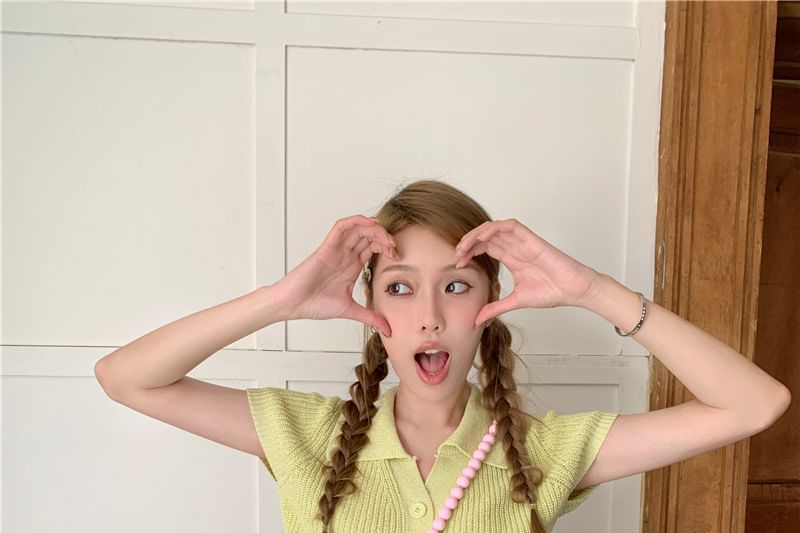 Knit Top Plain Collared Short-Sleeve Crop