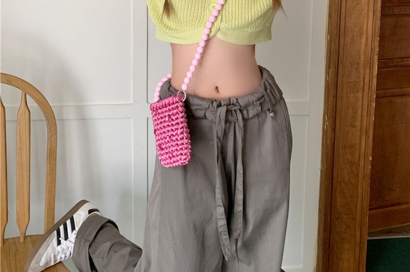 Knit Top Plain Collared Short-Sleeve Crop