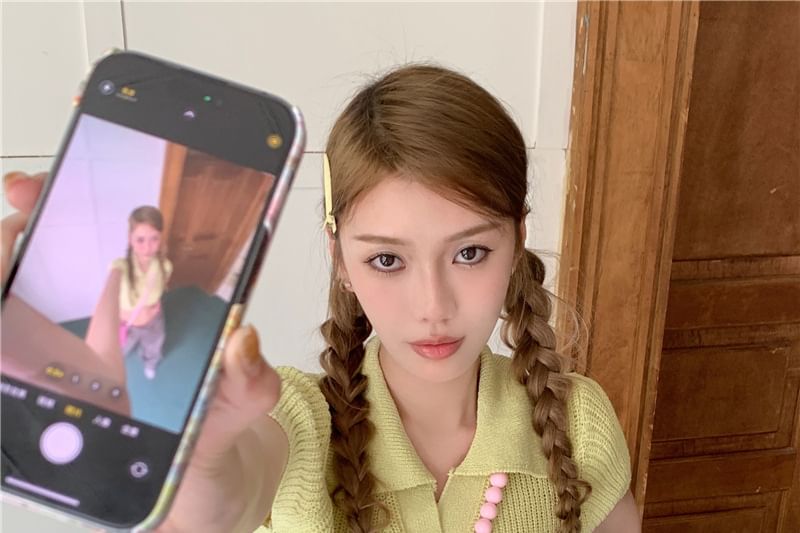 Knit Top Plain Collared Short-Sleeve Crop