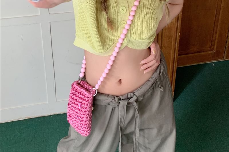 Knit Top Plain Collared Short-Sleeve Crop