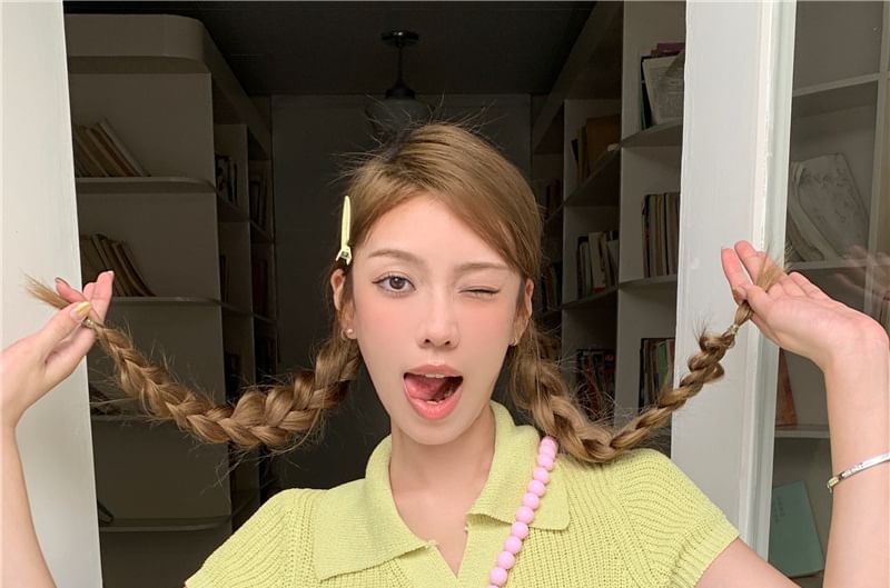 Knit Top Plain Collared Short-Sleeve Crop