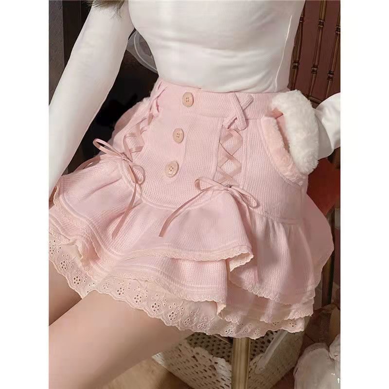 High Trim Lace Waist Tiered Skirt Mini Knit