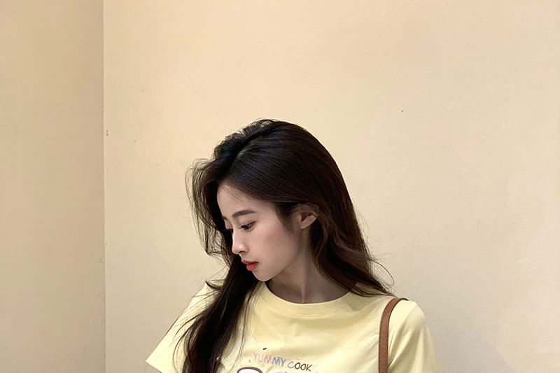 Crewneck Crop Short-Sleeve T-Shirt Embroidered
