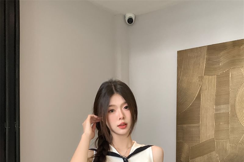 Collar Sailor Button-Up Knit Top Sleeveless