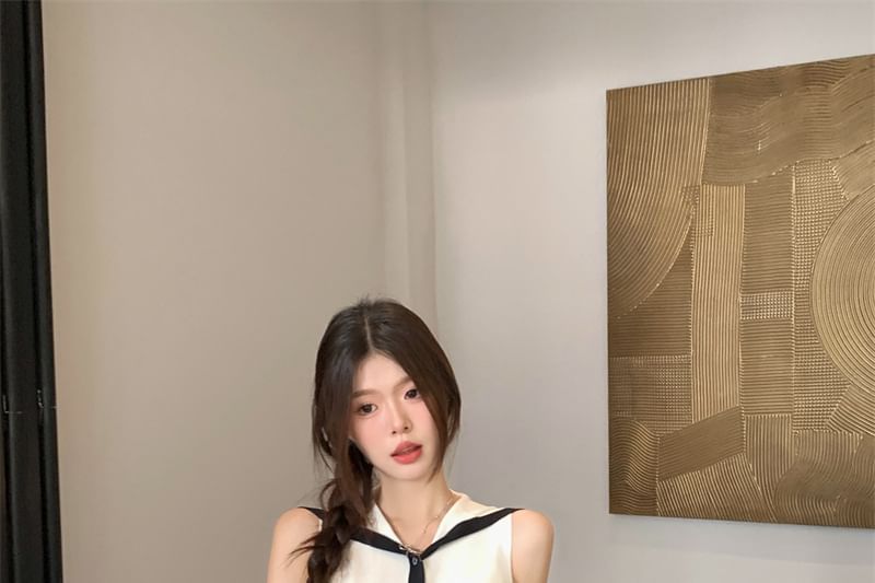 Collar Sailor Button-Up Knit Top Sleeveless