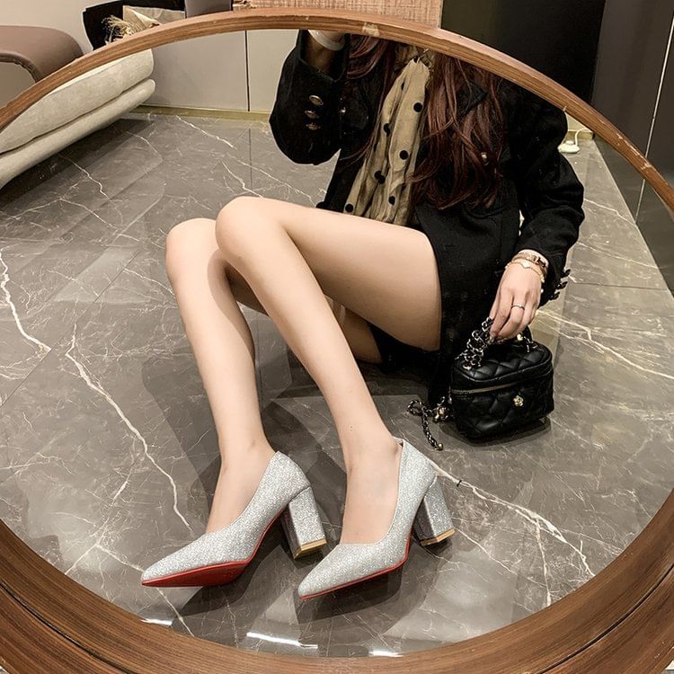 Block Toe Pointed Pumps Heel Glitter