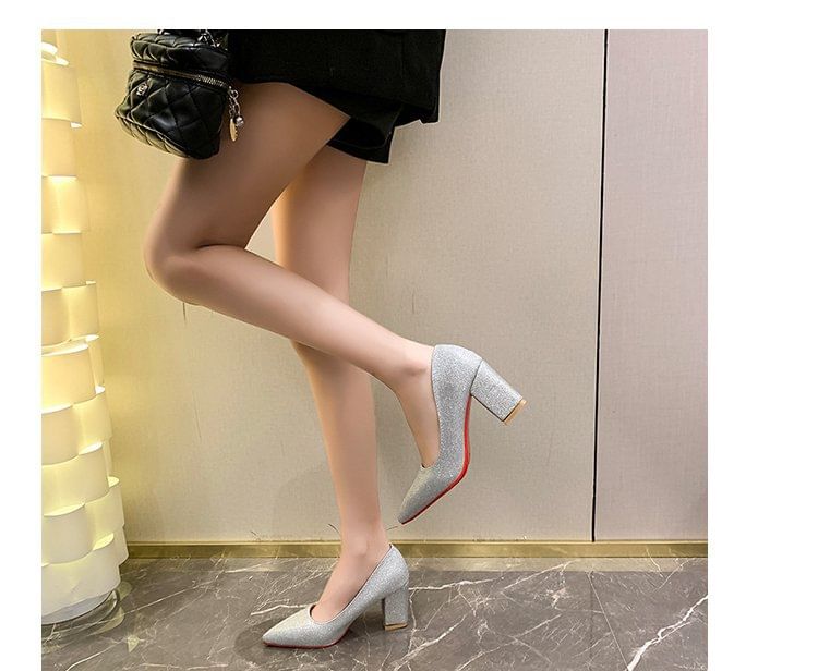 Block Toe Pointed Pumps Heel Glitter