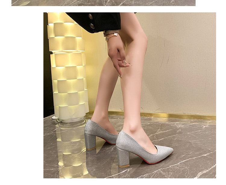 Block Toe Pointed Pumps Heel Glitter