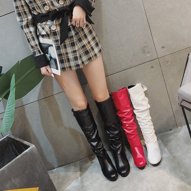 Knee Ruched Bow High Boots