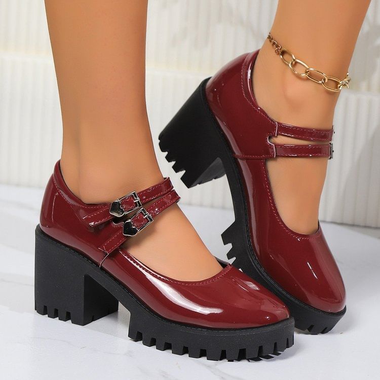 Patent Platform Pumps Block Jane Heel Leather Mary