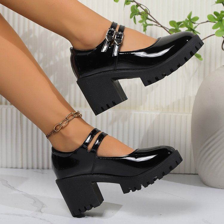 Patent Platform Pumps Block Jane Heel Leather Mary