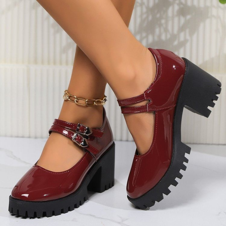 Patent Platform Pumps Block Jane Heel Leather Mary