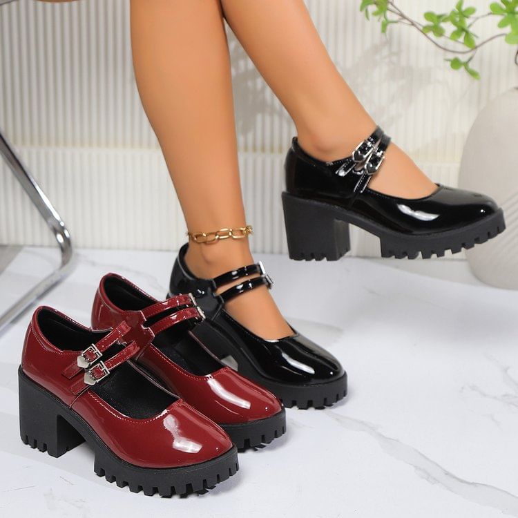 Patent Platform Pumps Block Jane Heel Leather Mary