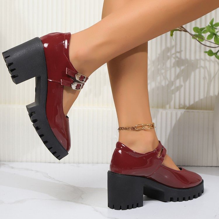 Patent Platform Pumps Block Jane Heel Leather Mary