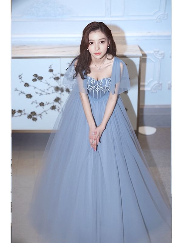 Short-Sleeve Square Neck Plain Rhinestone A-Line Evening Gown