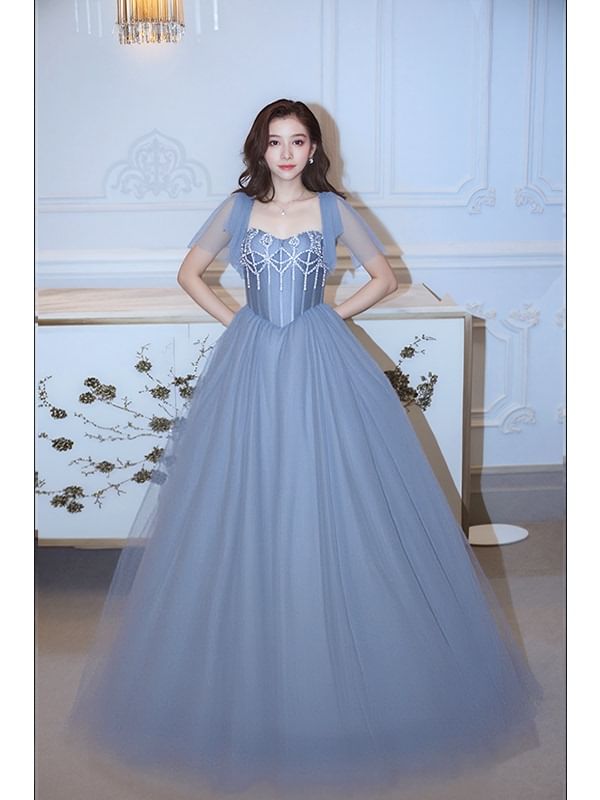 Short-Sleeve Square Neck Plain Rhinestone A-Line Evening Gown