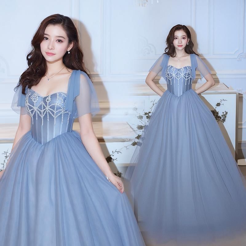 Short-Sleeve Square Neck Plain Rhinestone A-Line Evening Gown