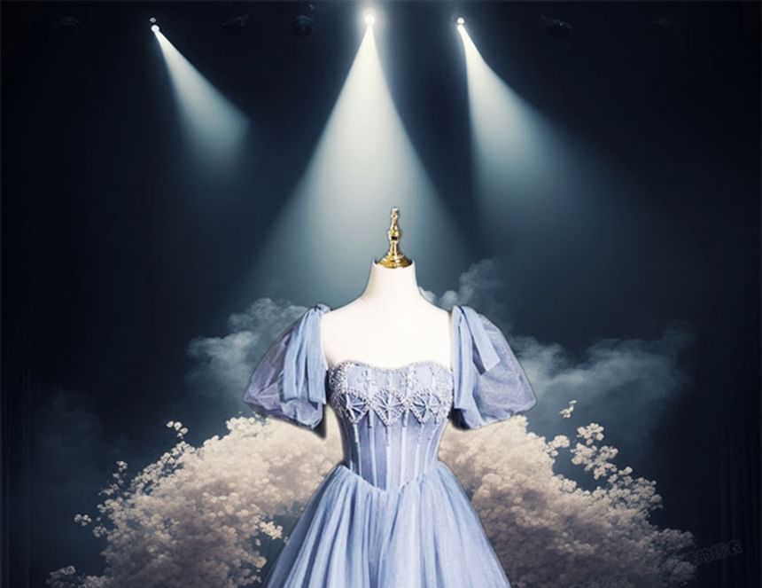 Short-Sleeve Square Neck Plain Rhinestone A-Line Evening Gown