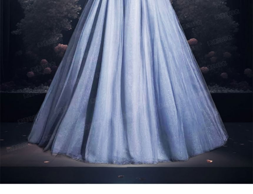 Short-Sleeve Square Neck Plain Rhinestone A-Line Evening Gown