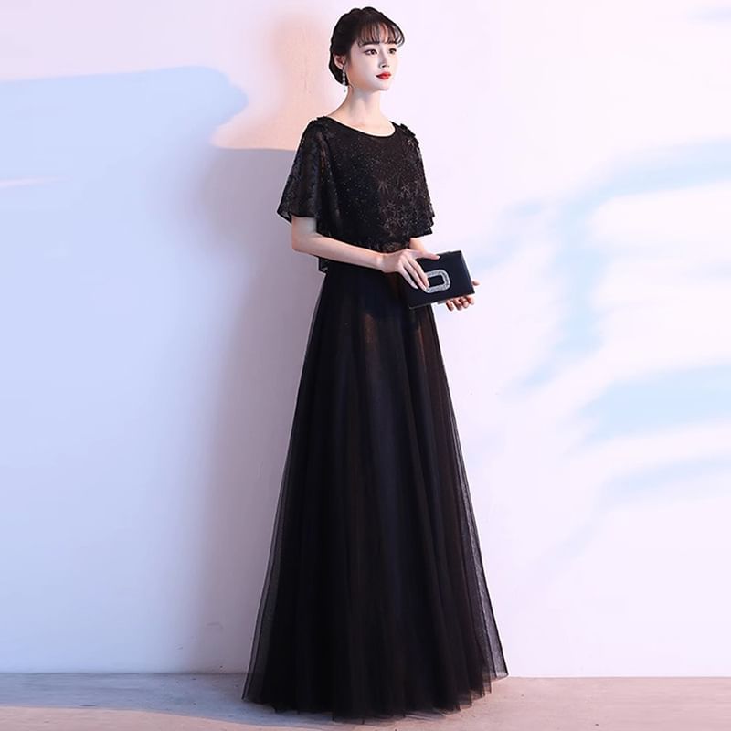 Short-Sleeve Lace Panel A-Line Evening Gown (Various Designs)