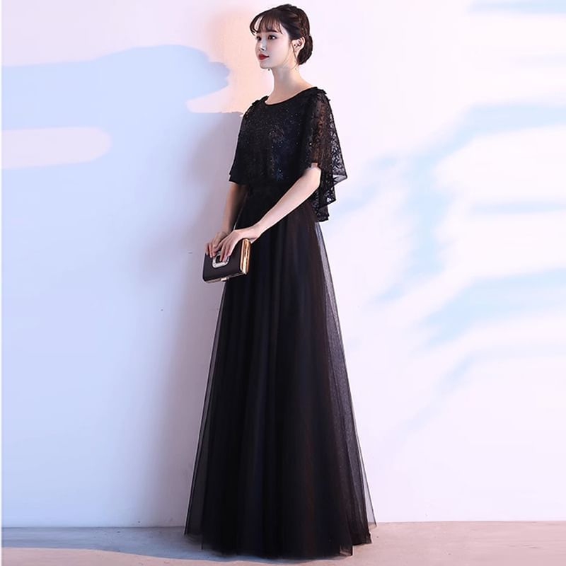 Short-Sleeve Lace Panel A-Line Evening Gown (Various Designs)