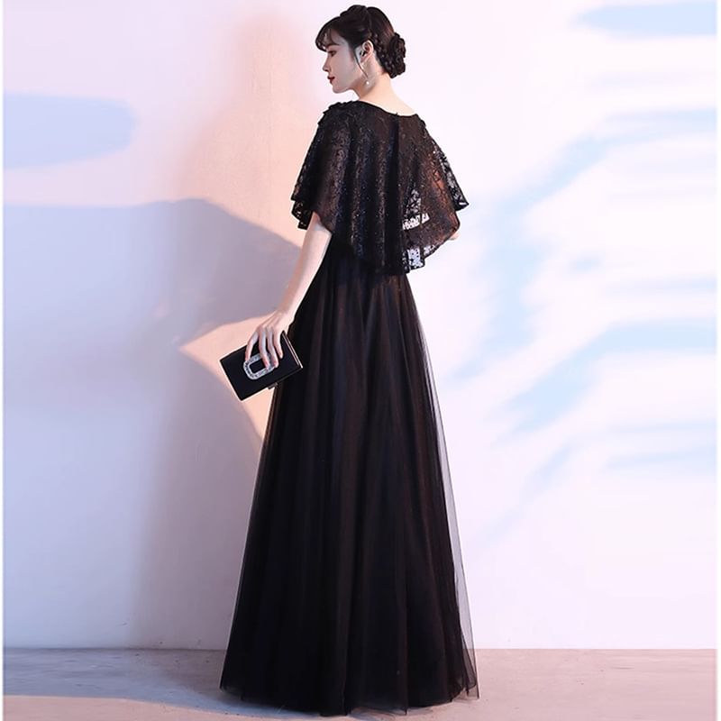 Short-Sleeve Lace Panel A-Line Evening Gown (Various Designs)