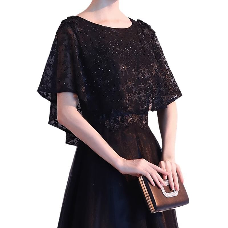 Short-Sleeve Lace Panel A-Line Evening Gown (Various Designs)