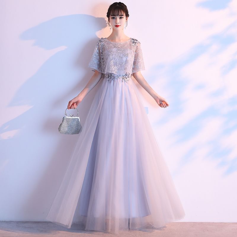 Short-Sleeve Lace Panel A-Line Evening Gown (Various Designs)