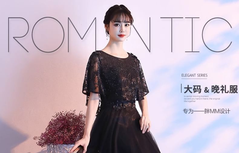 Short-Sleeve Lace Panel A-Line Evening Gown (Various Designs)