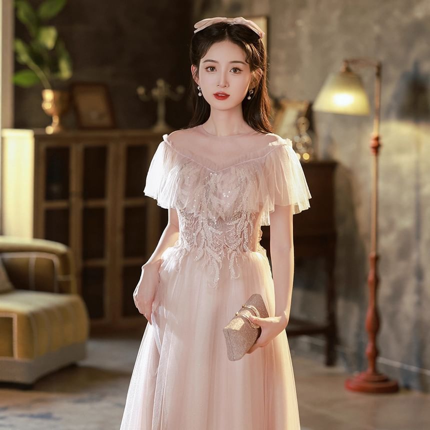 Short-Sleeve Mesh Ruffle Sequined A-Line Evening Gown (Various Designs)