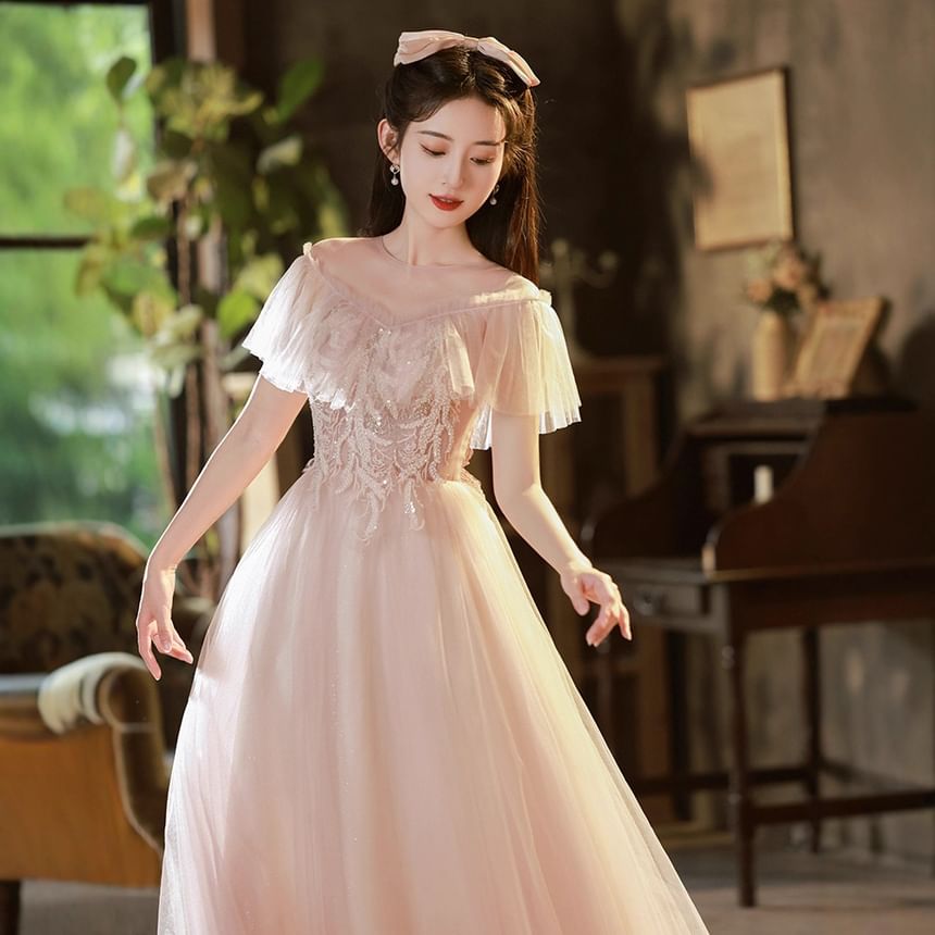 Short-Sleeve Mesh Ruffle Sequined A-Line Evening Gown (Various Designs)