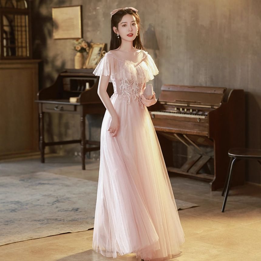 Short-Sleeve Mesh Ruffle Sequined A-Line Evening Gown (Various Designs)