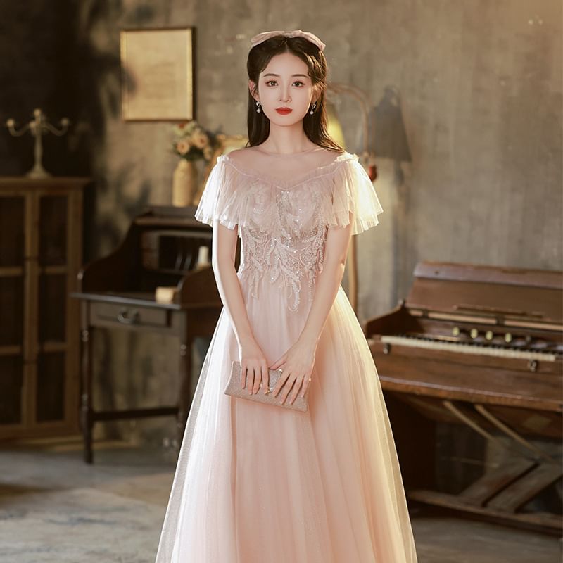 Short-Sleeve Mesh Ruffle Sequined A-Line Evening Gown (Various Designs)