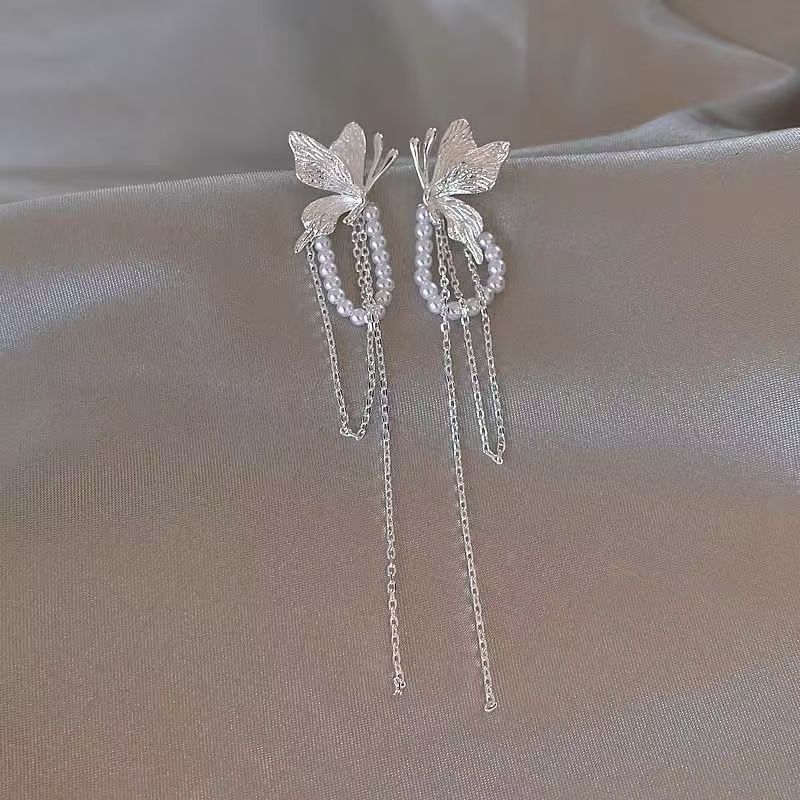Faux Pearl Fringed Drop Butterfly Earring