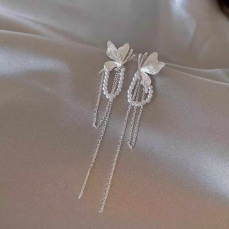 Faux Pearl Fringed Drop Butterfly Earring