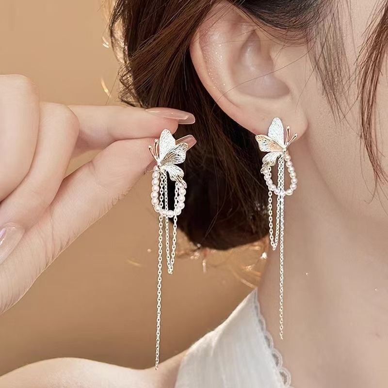 Faux Pearl Fringed Drop Butterfly Earring