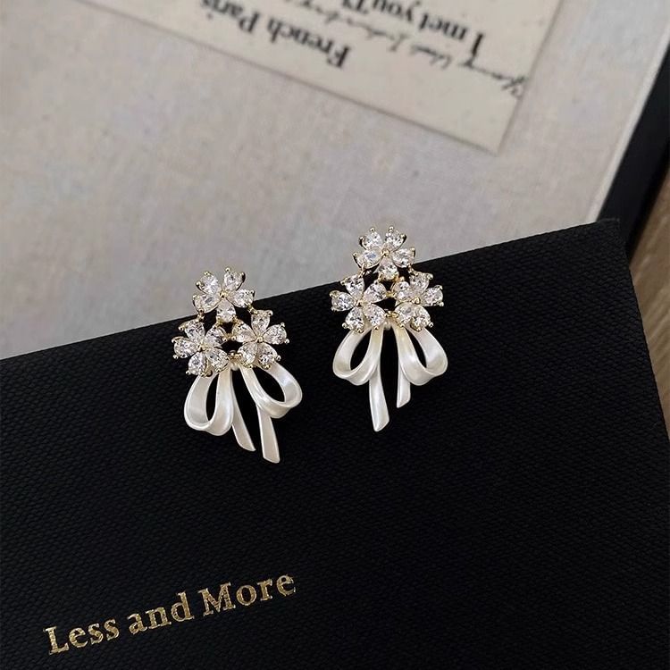 Earring Drop Rhinestone Bow Flower