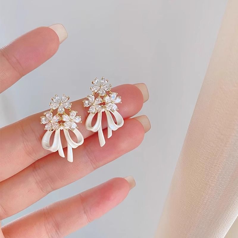 Earring Drop Rhinestone Bow Flower