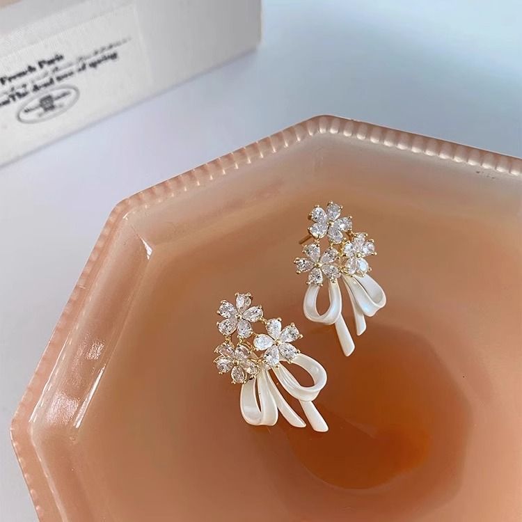 Earring Drop Rhinestone Bow Flower