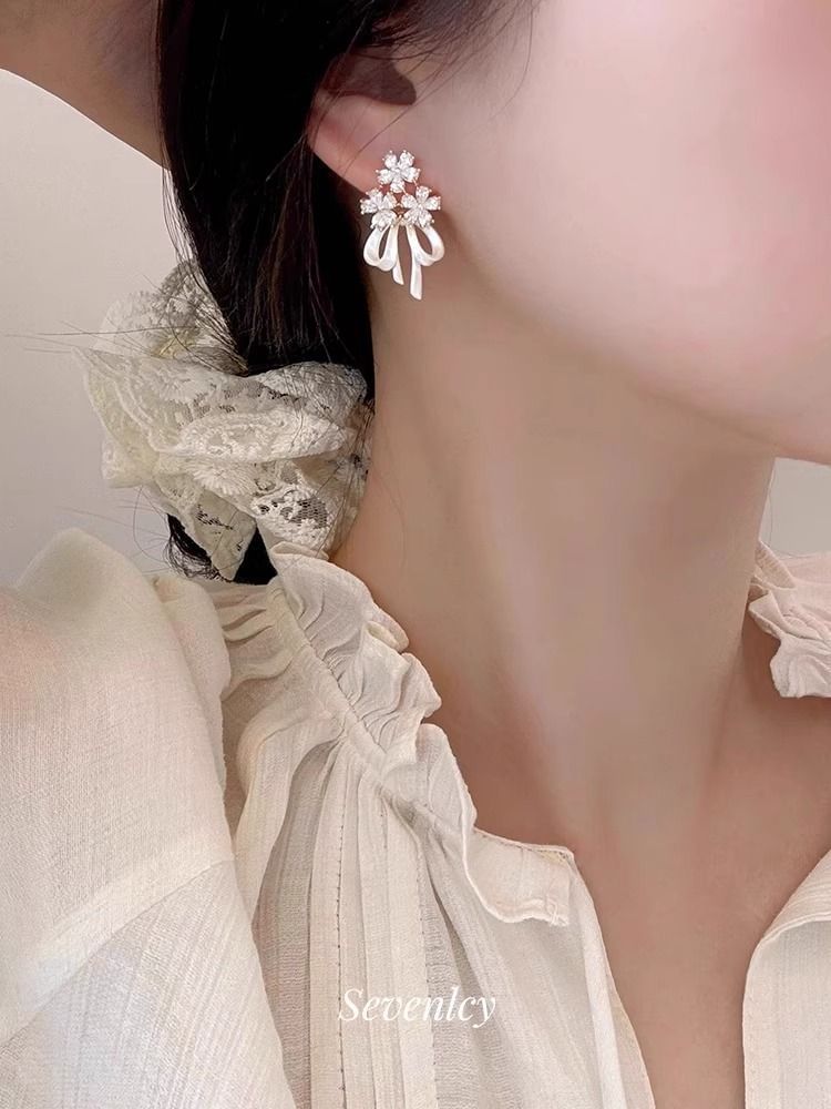 Earring Drop Rhinestone Bow Flower