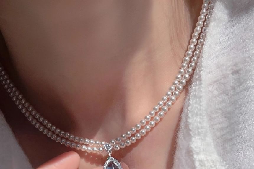 Necklace Gemstone Pearl Layered Pendant Faux