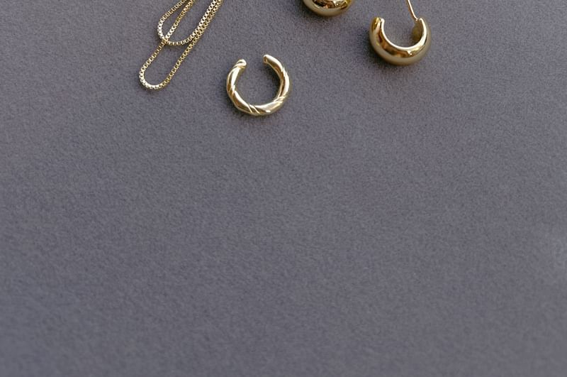 925 Hoop Earring Ear Chain + Sterling Plain Cuff Silver Set: